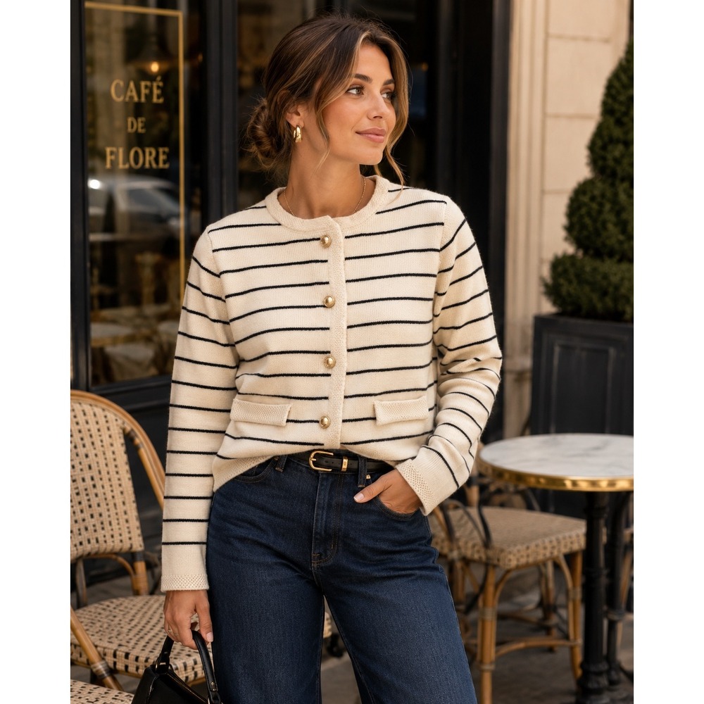 French Chic Cream Striped Lady Jacket Gold Cardigan Quiet Luxury Coastal  Sz L